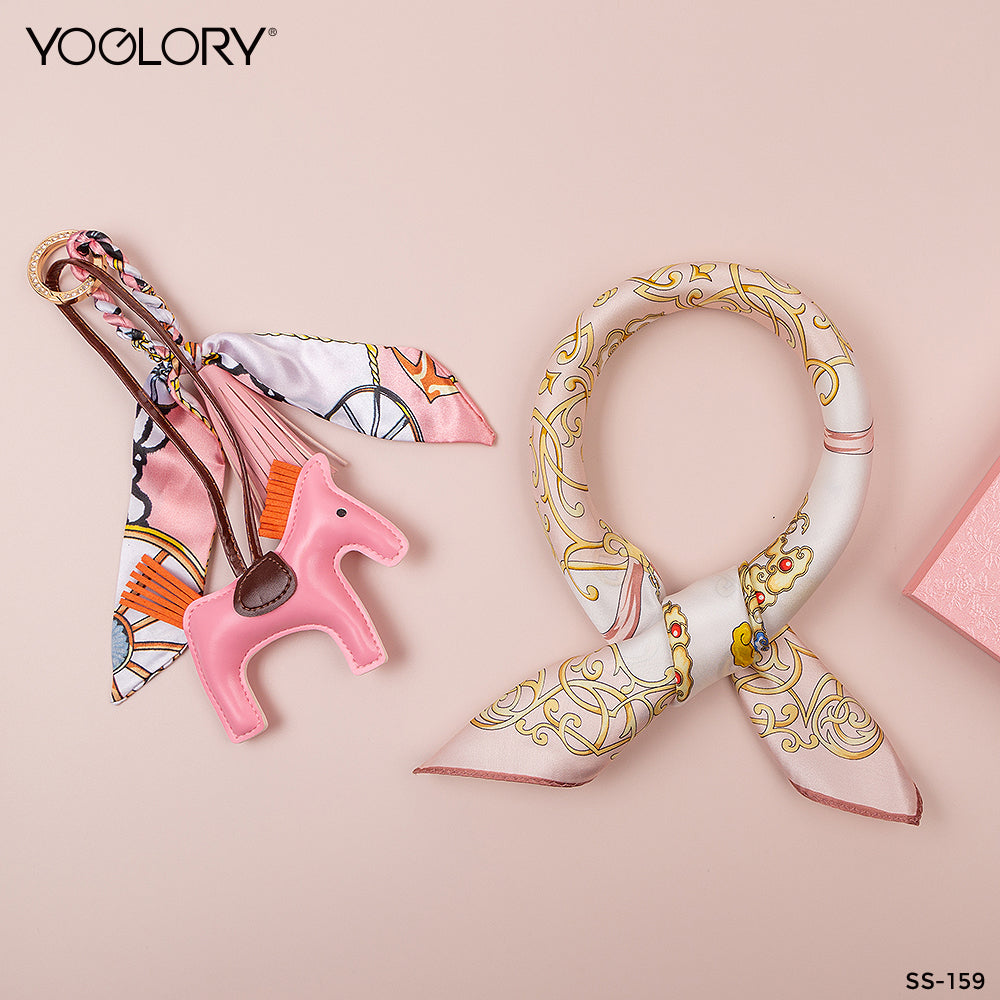 YOGLORY 100% Pink color Silk Scarf with Diamond PU Horse Bag Charm in Box with Customized logo Nice Gift for Lady SS159