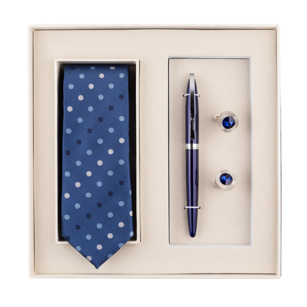 YOGLORY Exquisite Blue Dot Necktie Cufflinks Metal Roller Ball Pen with Box Nice Gift for Men T102