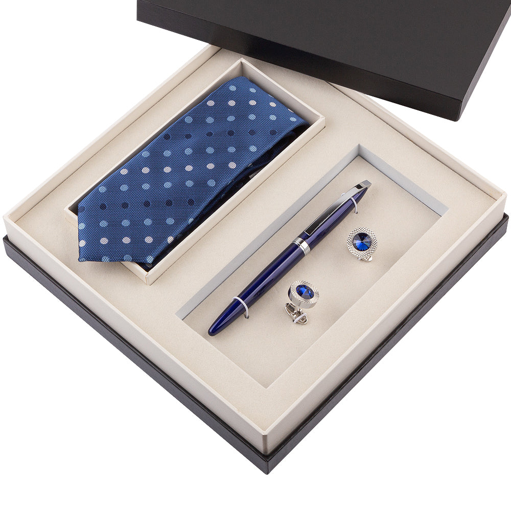 YOGLORY Exquisite Blue Dot Necktie Cufflinks Metal Roller Ball Pen with Box Nice Gift for Men T102