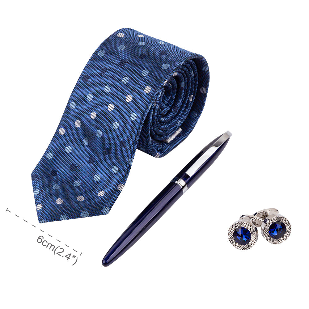 YOGLORY Exquisite Blue Dot Necktie Cufflinks Metal Roller Ball Pen with Box Nice Gift for Men T102