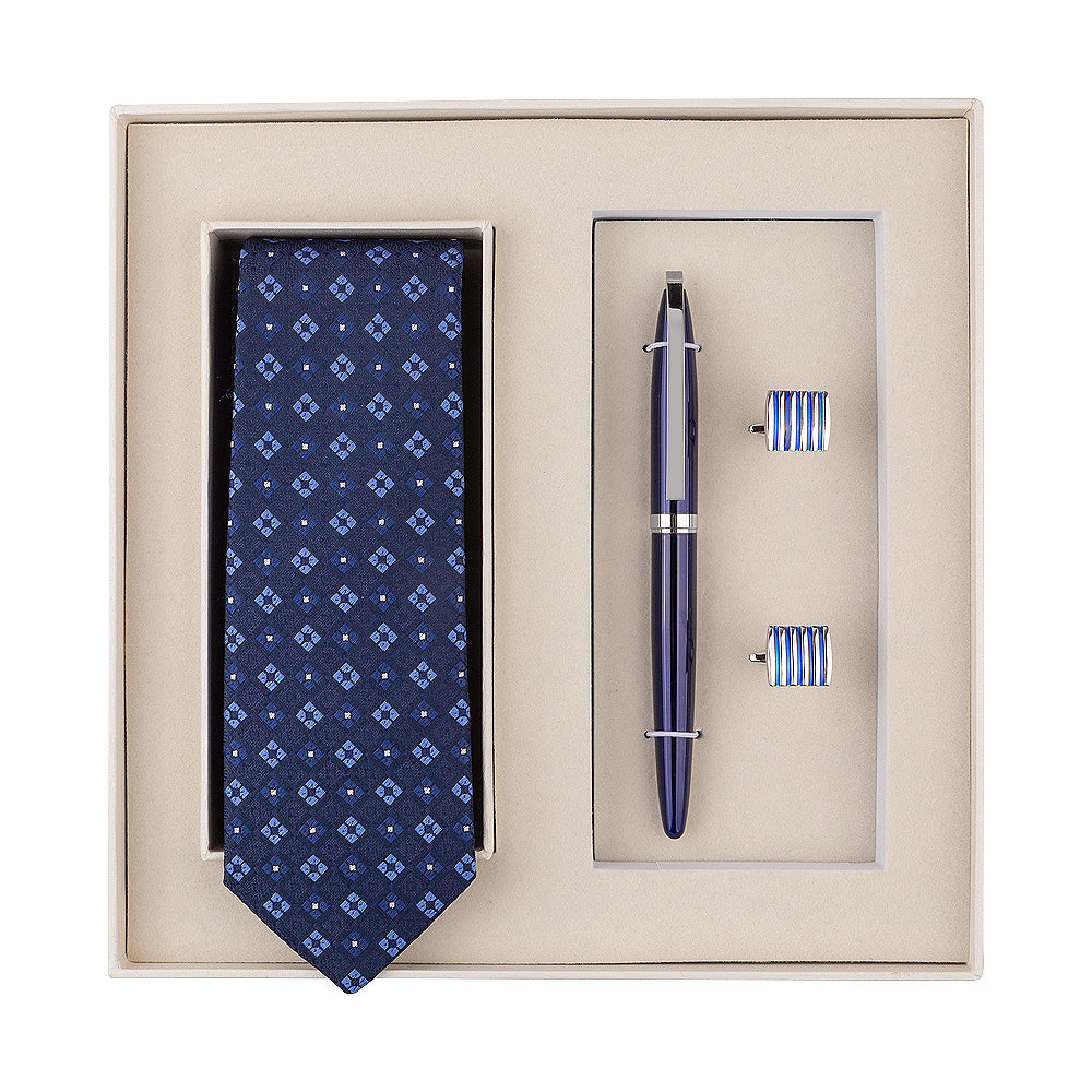 YOGLORY Exquisite Blue Cufflinks Necktie Metal Roller Ball Pen with Box Nice Gift for Men T103