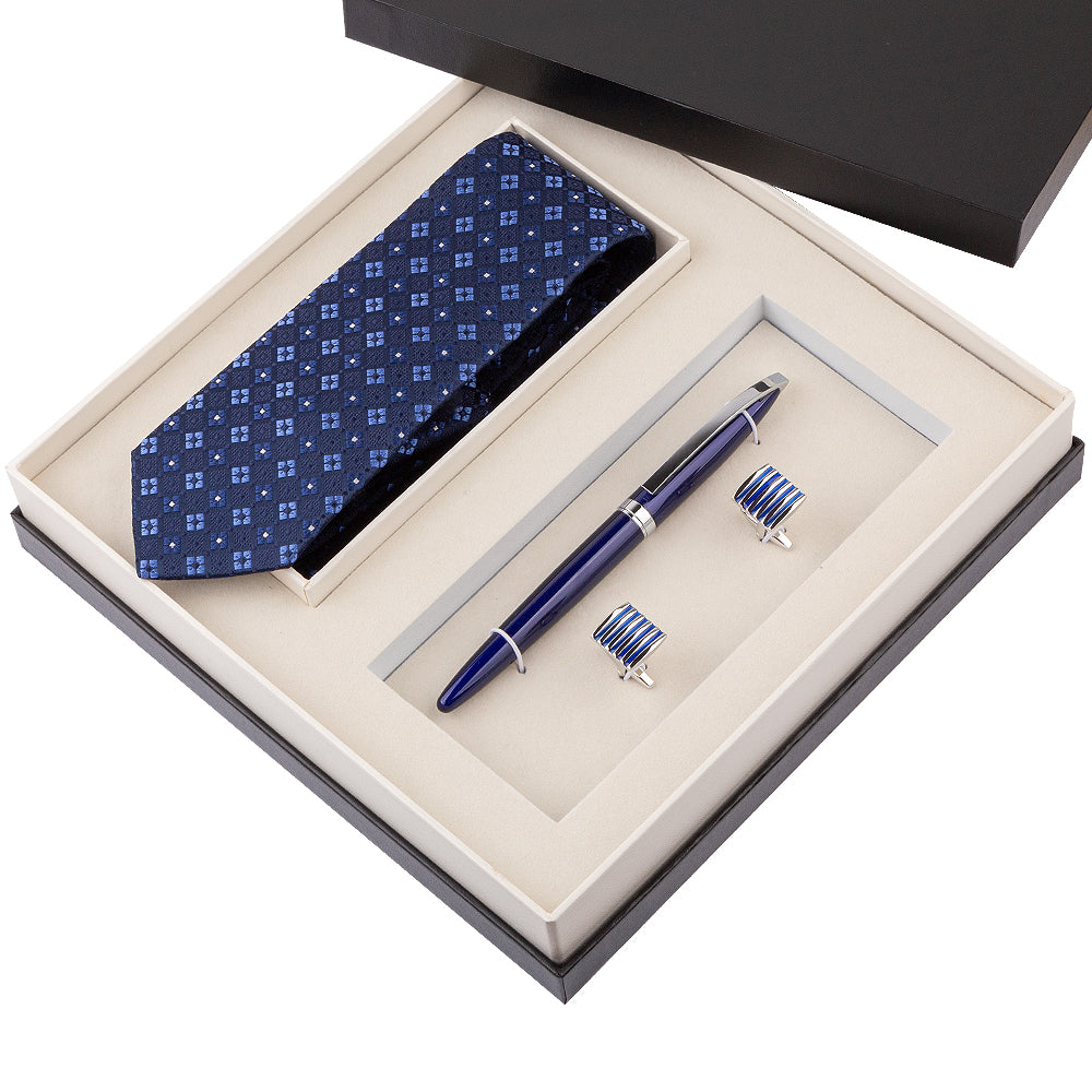 YOGLORY Exquisite Blue Cufflinks Necktie Metal Roller Ball Pen with Box Nice Gift for Men T103