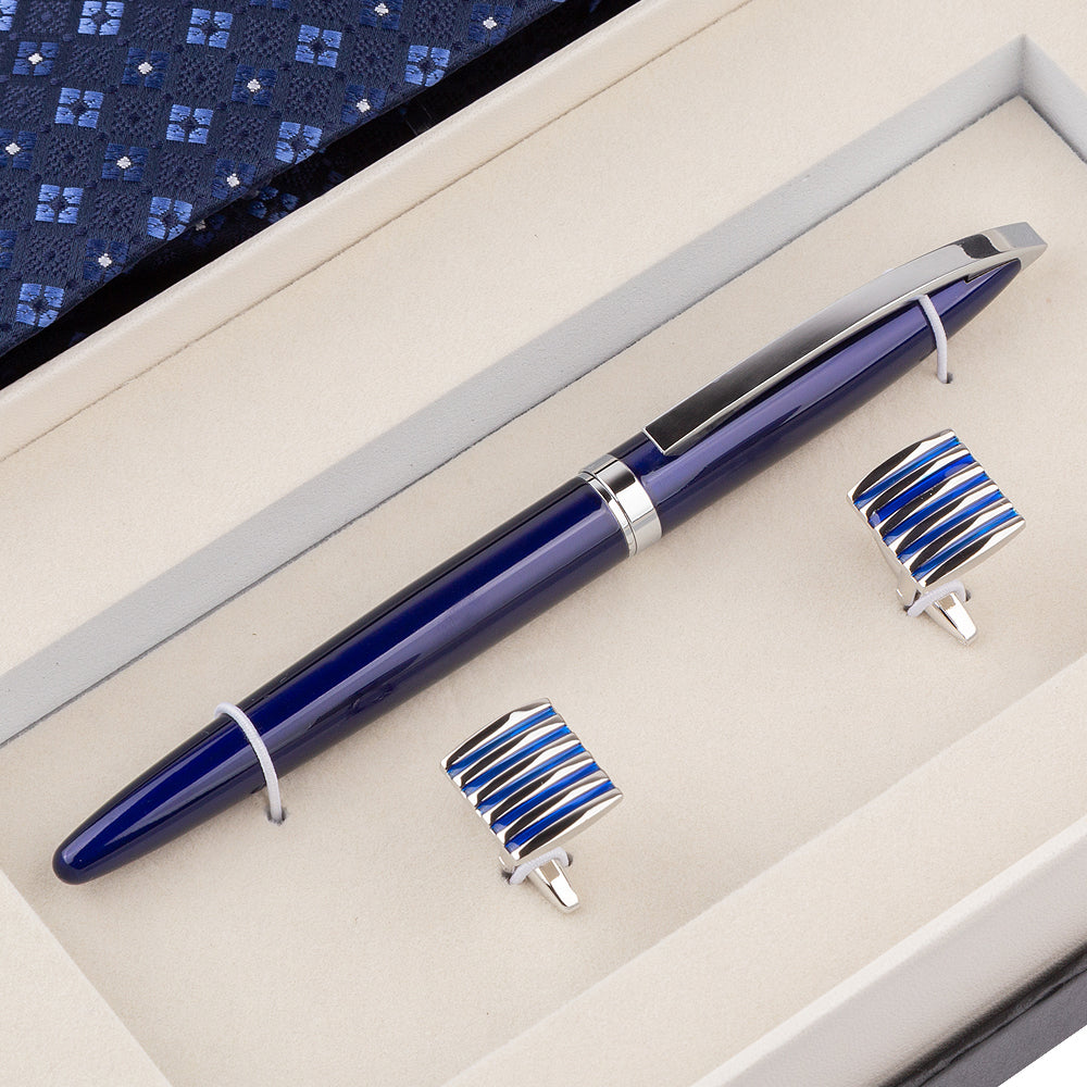 YOGLORY Exquisite Blue Cufflinks Necktie Metal Roller Ball Pen with Box Nice Gift for Men T103