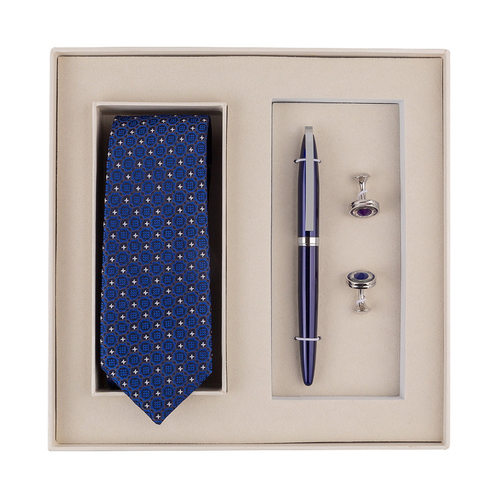 YOGLORY Exquisite Blue Dot Necktie Cufflinks Metal Roller Ball Pen with Box Nice Gift for Men T104