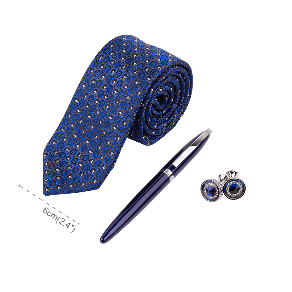 YOGLORY Exquisite Blue Dot Necktie Cufflinks Metal Roller Ball Pen with Box Nice Gift for Men T104