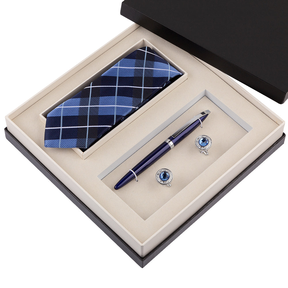 YOGLORY Exquisite Blue Color Cufflinks Necktie Metal Roller Ball Pen with Box Nice Gift for Men T105