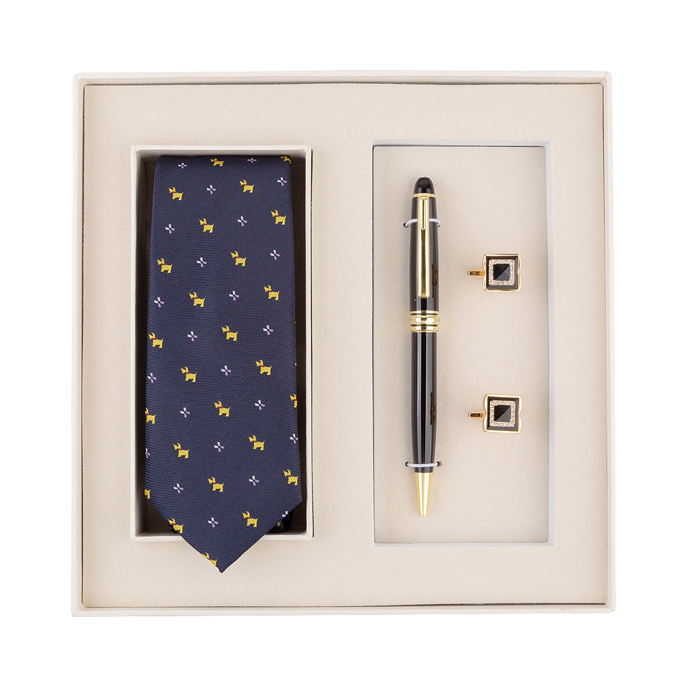 YOGLORY Exquisite Black Golden Color Tie Cufflinks Metal Ball Pen with Box Nice Gift for Men T106