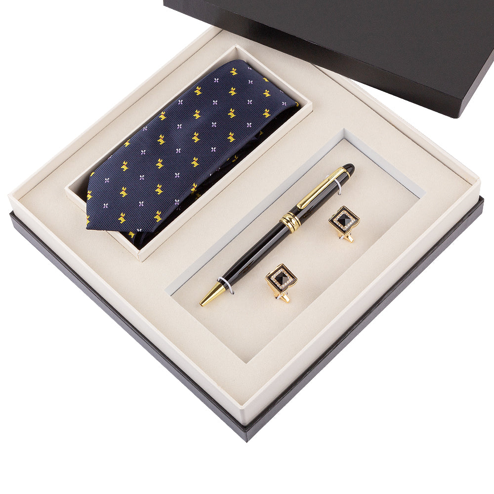 YOGLORY Exquisite Black Golden Color Tie Cufflinks Metal Ball Pen with Box Nice Gift for Men T106