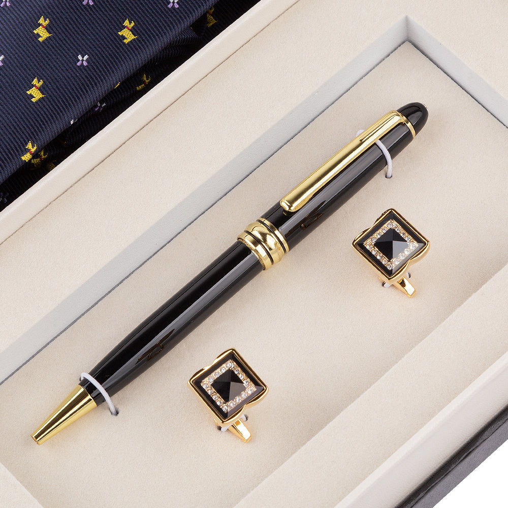 YOGLORY Exquisite Black Golden Color Tie Cufflinks Metal Ball Pen with Box Nice Gift for Men T106