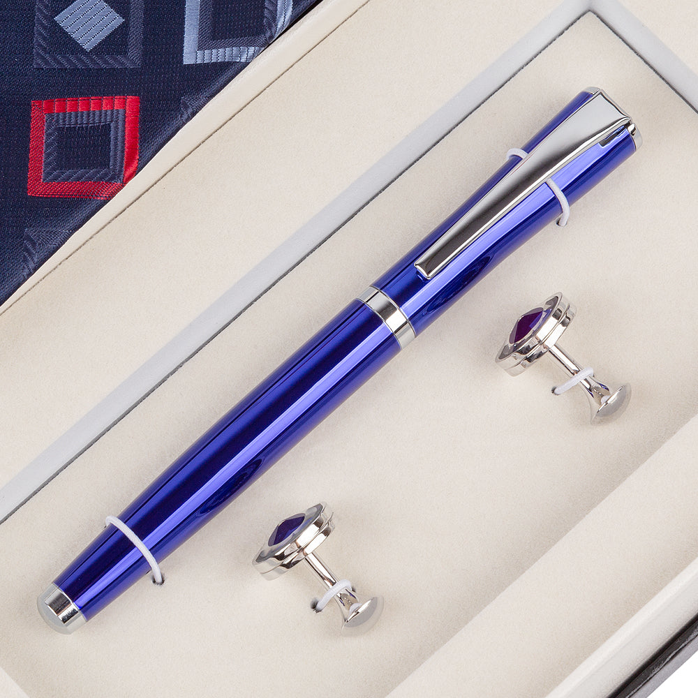 YOGLORY Exquisite Blue Color Cufflinks Necktie Metal Roller Ball Pen with Box Nice Gift for Men T107