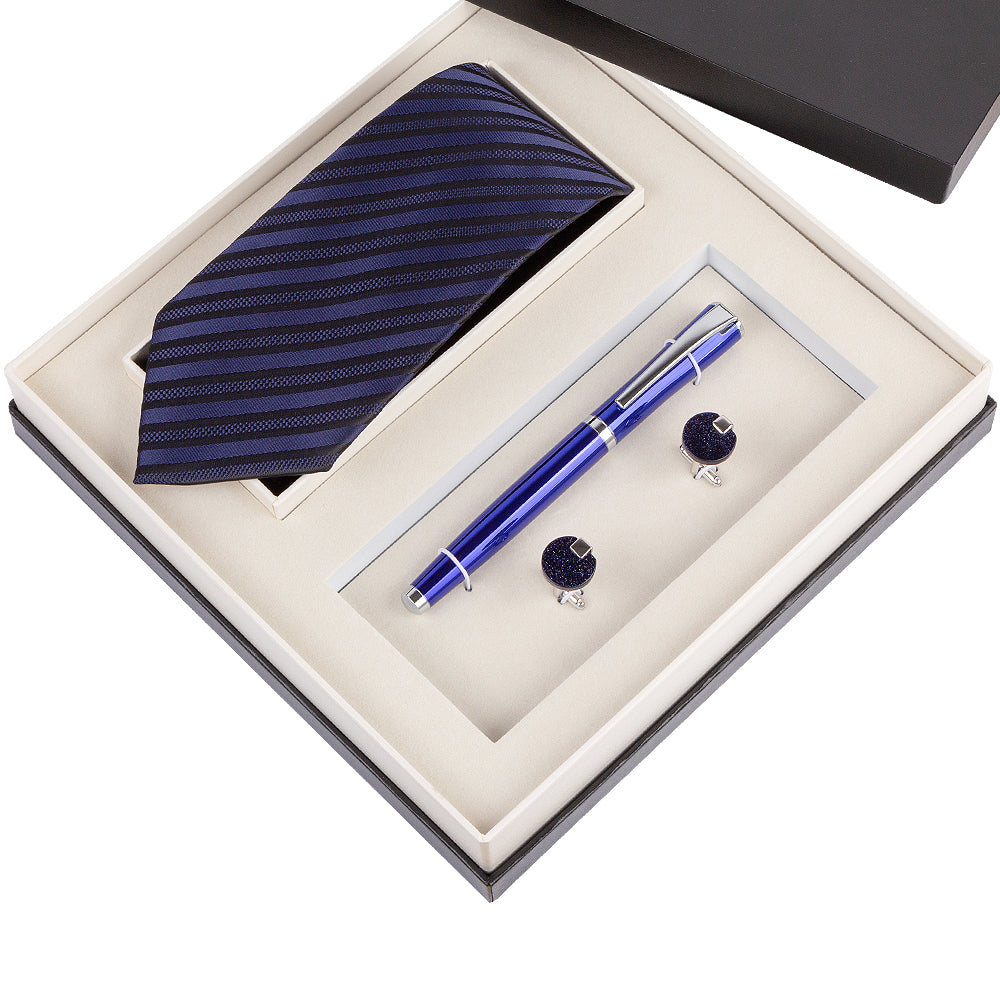 YOGLORY Exquisite Blue Stripe Necktie Cufflinks Metal Roller Ball Pen with Box Nice Gift for Men T108