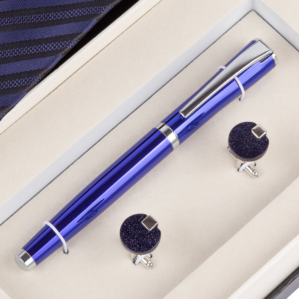 YOGLORY Exquisite Blue Stripe Necktie Cufflinks Metal Roller Ball Pen with Box Nice Gift for Men T108