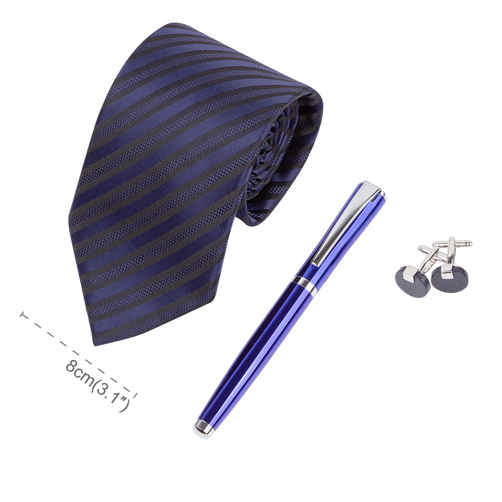 YOGLORY Exquisite Blue Stripe Necktie Cufflinks Metal Roller Ball Pen with Box Nice Gift for Men T108