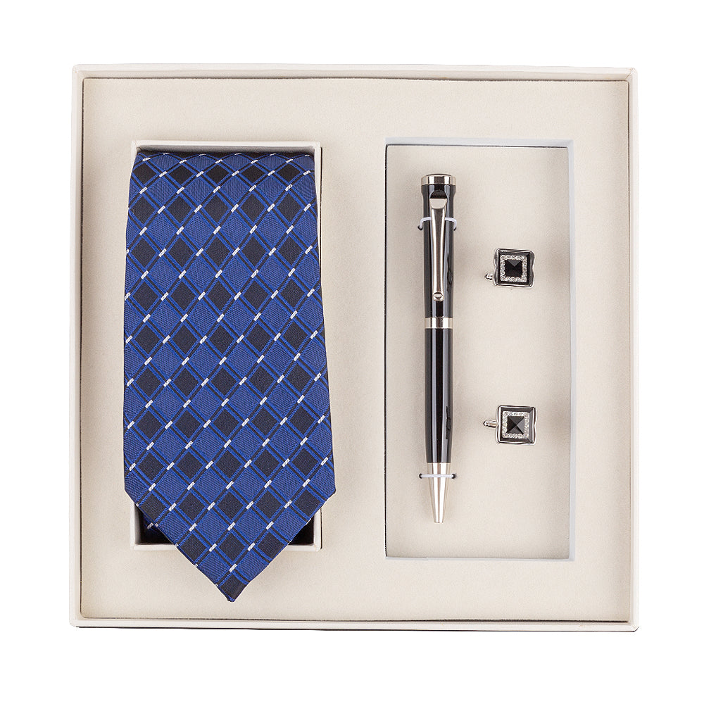 YOGLORY Exquisite Blue & Black Color Necktie Cufflinks Metal Roller Ball Pen with Box Nice Gift for Men T109