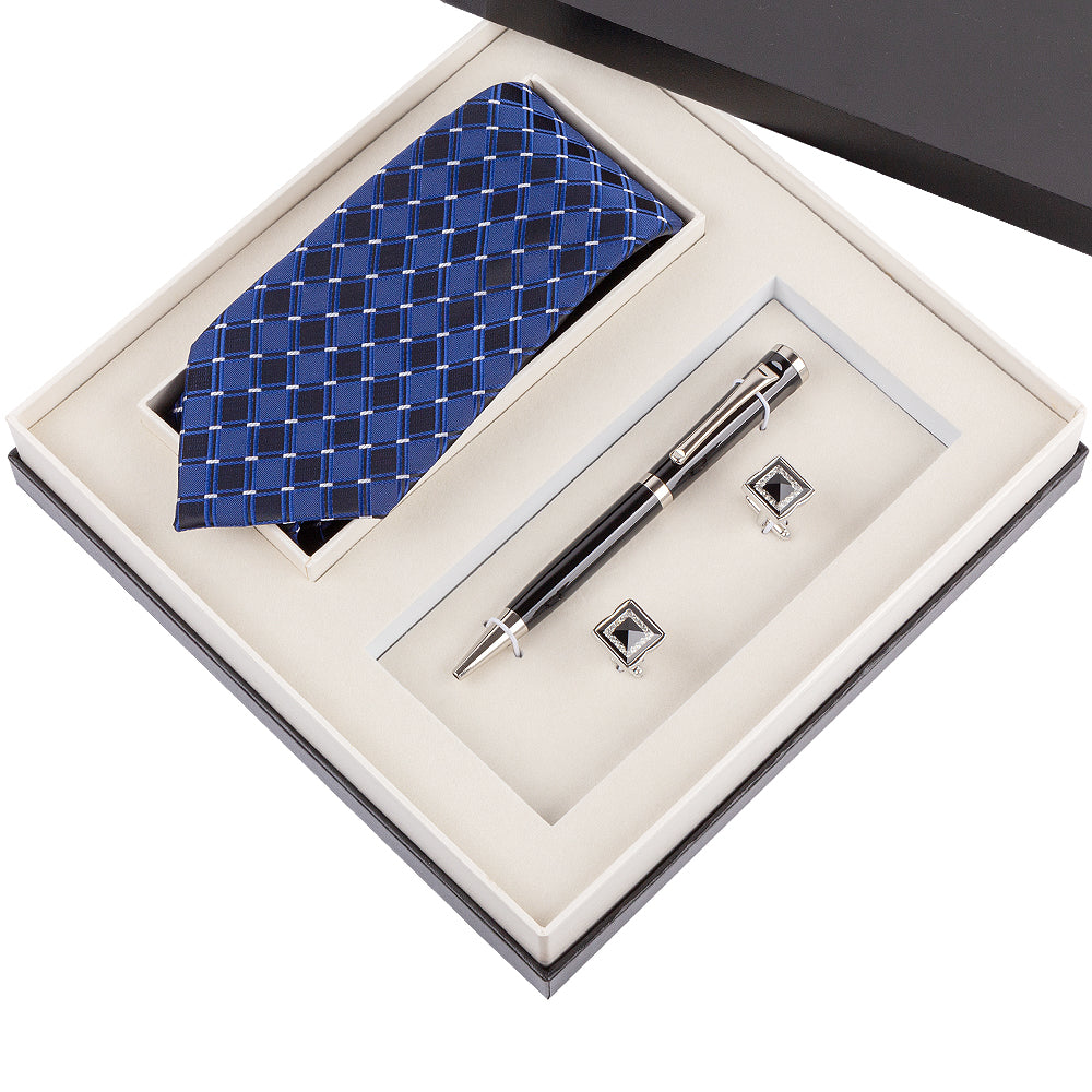 YOGLORY Exquisite Blue & Black Color Necktie Cufflinks Metal Roller Ball Pen with Box Nice Gift for Men T109