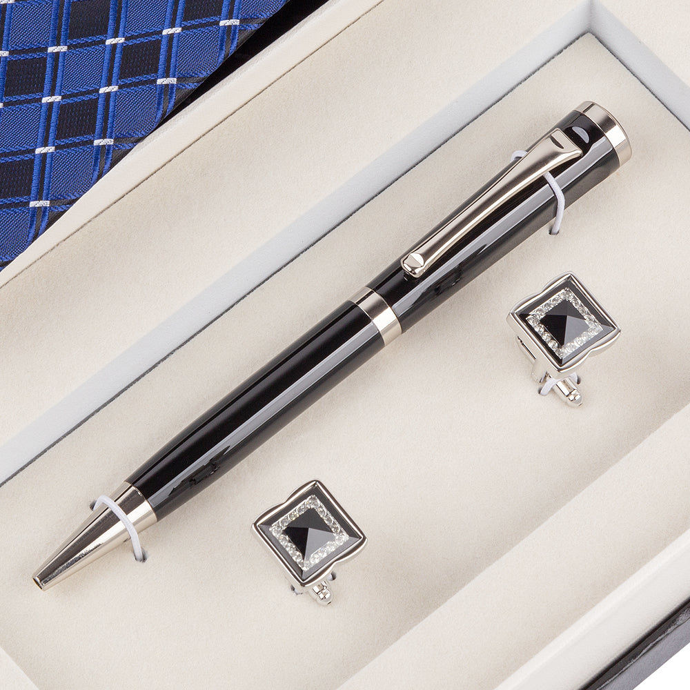 YOGLORY Exquisite Blue & Black Color Necktie Cufflinks Metal Roller Ball Pen with Box Nice Gift for Men T109