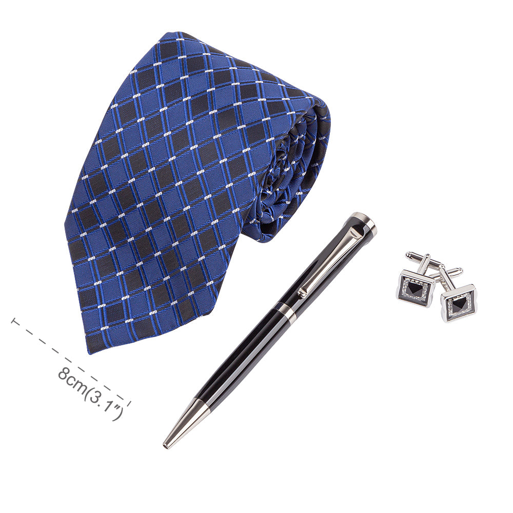 YOGLORY Exquisite Blue & Black Color Necktie Cufflinks Metal Roller Ball Pen with Box Nice Gift for Men T109