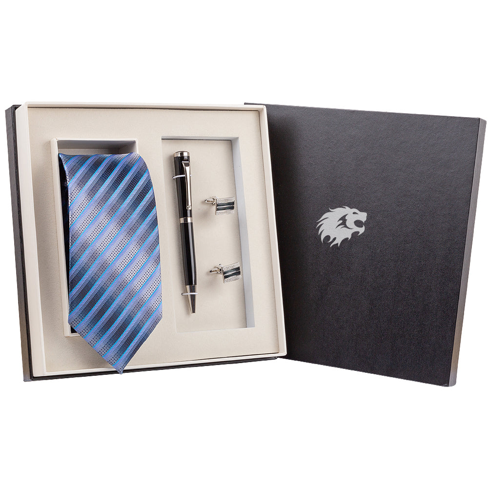 YOGLORY Exquisite Blue Stripe Necktie Cufflinks Metal Roller Ball Pen with Box Nice Gift for Men T110