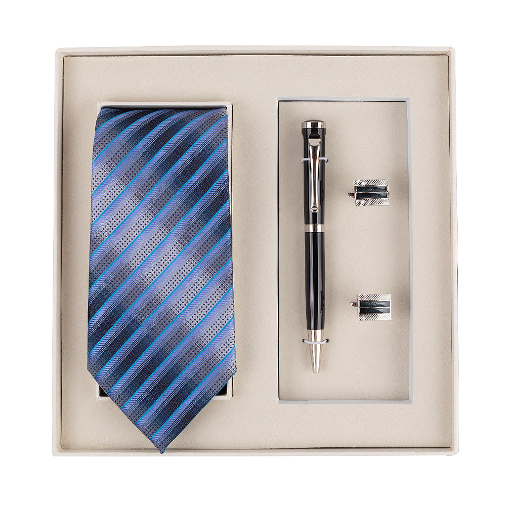 YOGLORY Exquisite Blue Stripe Necktie Cufflinks Metal Roller Ball Pen with Box Nice Gift for Men T110