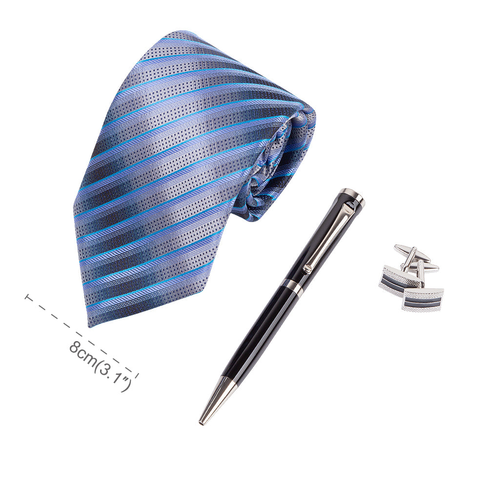 YOGLORY Exquisite Blue Stripe Necktie Cufflinks Metal Roller Ball Pen with Box Nice Gift for Men T110