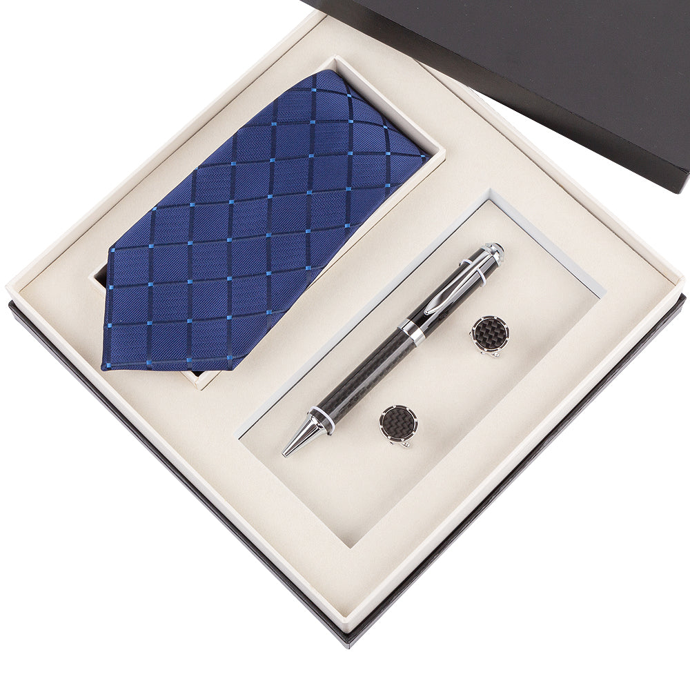 YOGLORY Exquisite Blue Color Cufflinks Necktie Metal Roller Ball Pen with Box Nice Gift for Men T112