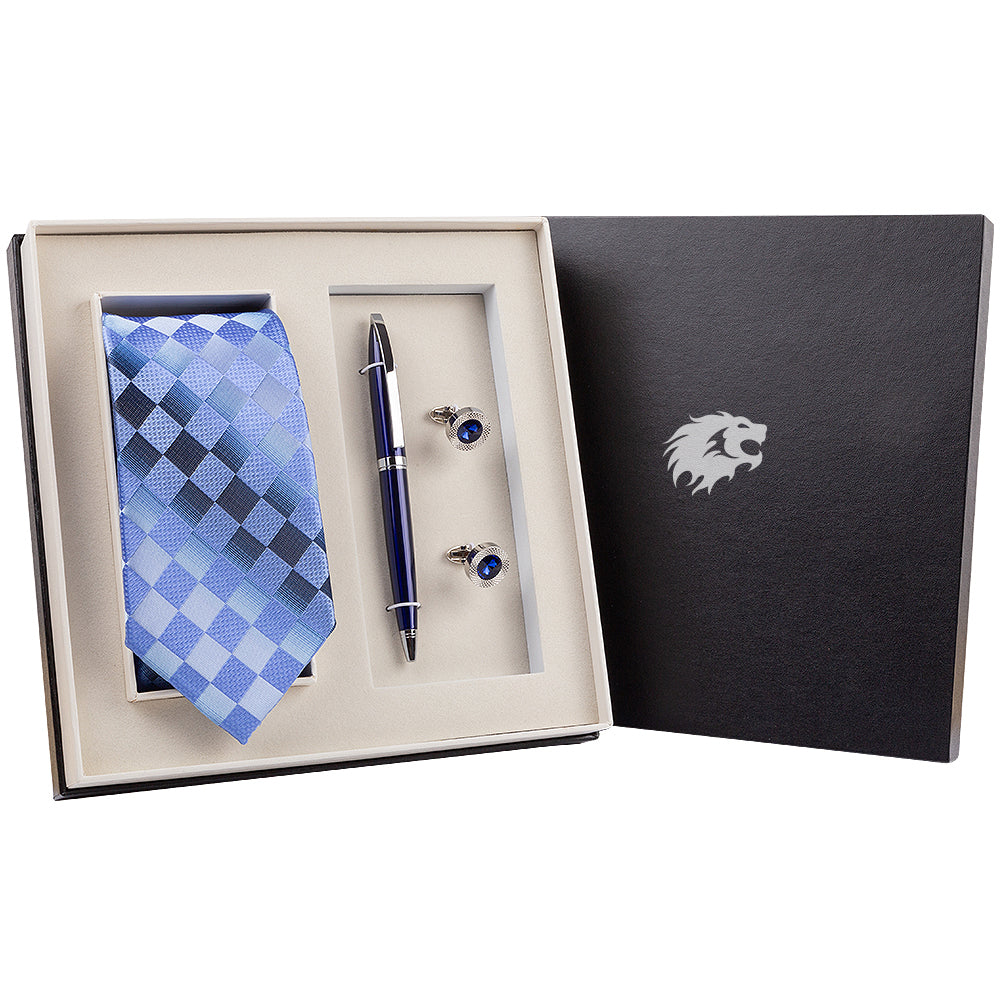 YOGLORY Exquisite Blue Tartan Necktie Cufflinks Metal Roller Ball Pen with Box Nice Gift for Men T113