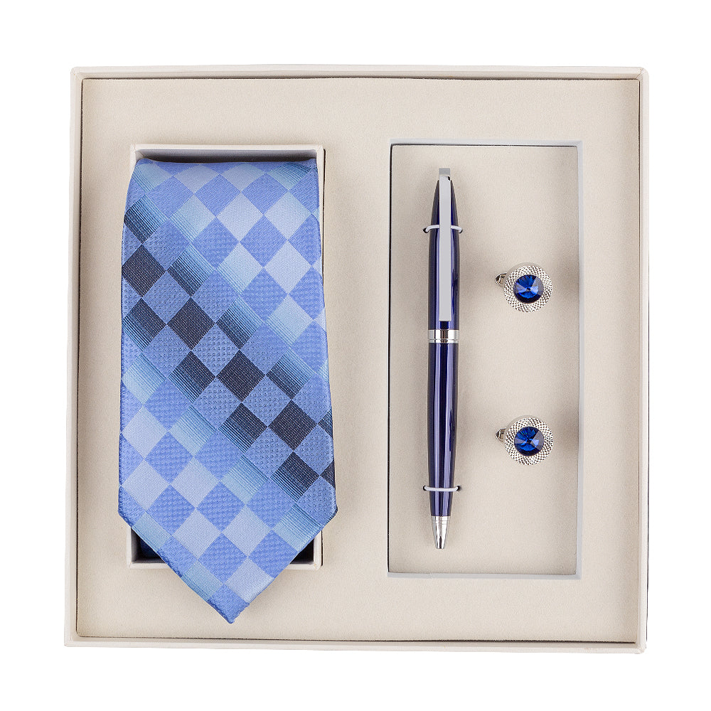 YOGLORY Exquisite Blue Tartan Necktie Cufflinks Metal Roller Ball Pen with Box Nice Gift for Men T113