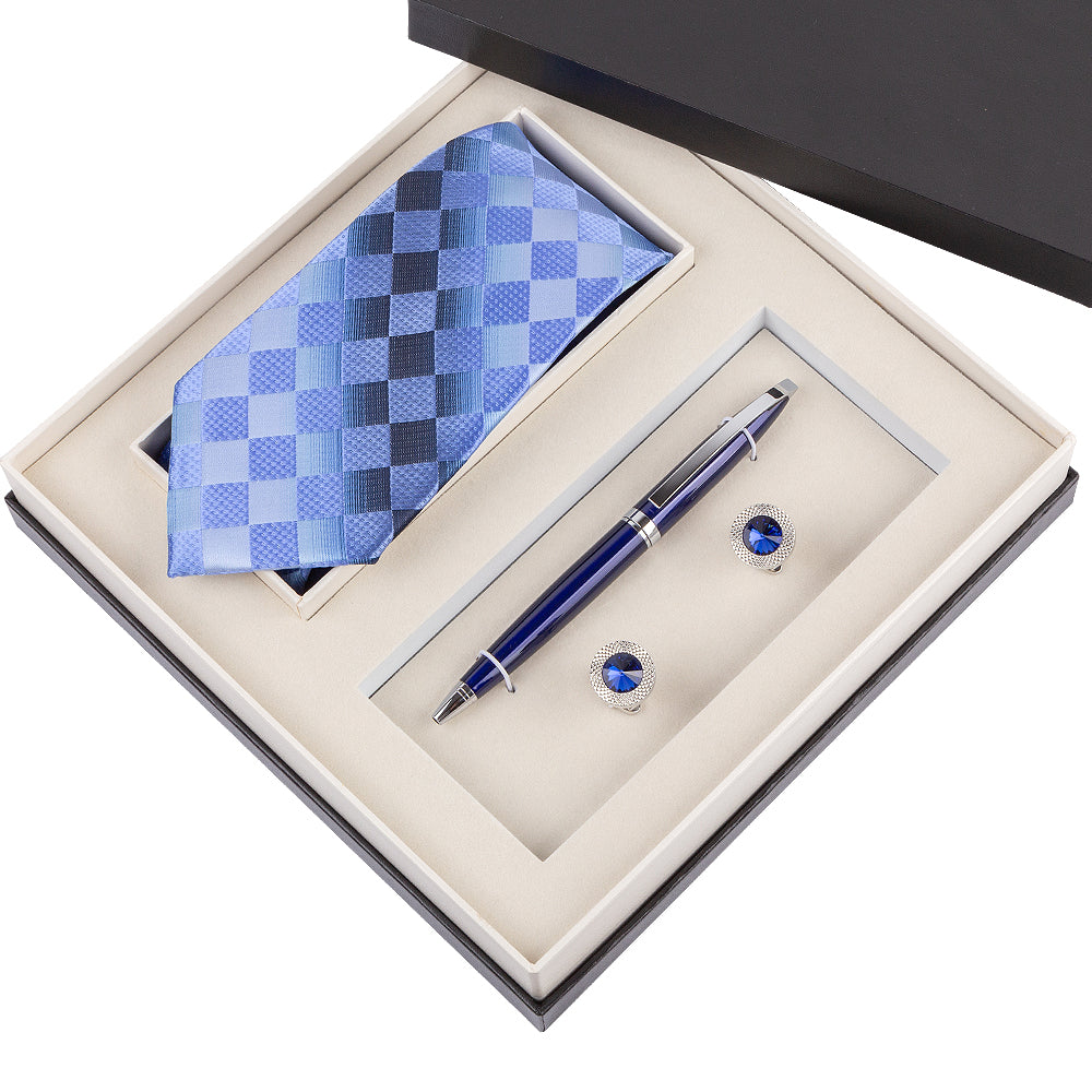 YOGLORY Exquisite Blue Tartan Necktie Cufflinks Metal Roller Ball Pen with Box Nice Gift for Men T113