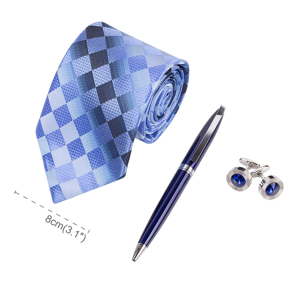 YOGLORY Exquisite Blue Tartan Necktie Cufflinks Metal Roller Ball Pen with Box Nice Gift for Men T113