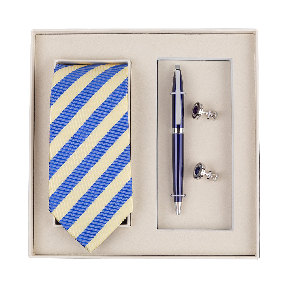 YOGLORY Exquisite Blue Yellow Stripe Necktie Cufflinks Metal Roller Ball Pen with Box Nice Gift for Gentlmen T114