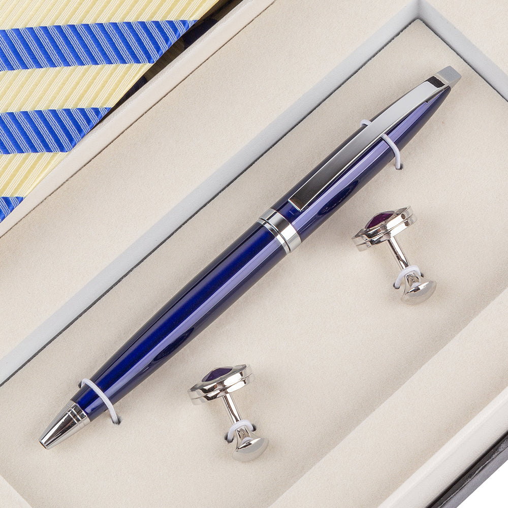 YOGLORY Exquisite Blue Yellow Stripe Necktie Cufflinks Metal Roller Ball Pen with Box Nice Gift for Gentlmen T114