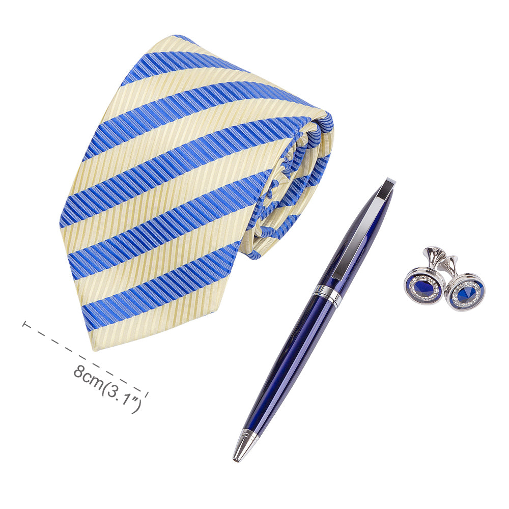 YOGLORY Exquisite Blue Yellow Stripe Necktie Cufflinks Metal Roller Ball Pen with Box Nice Gift for Gentlmen T114