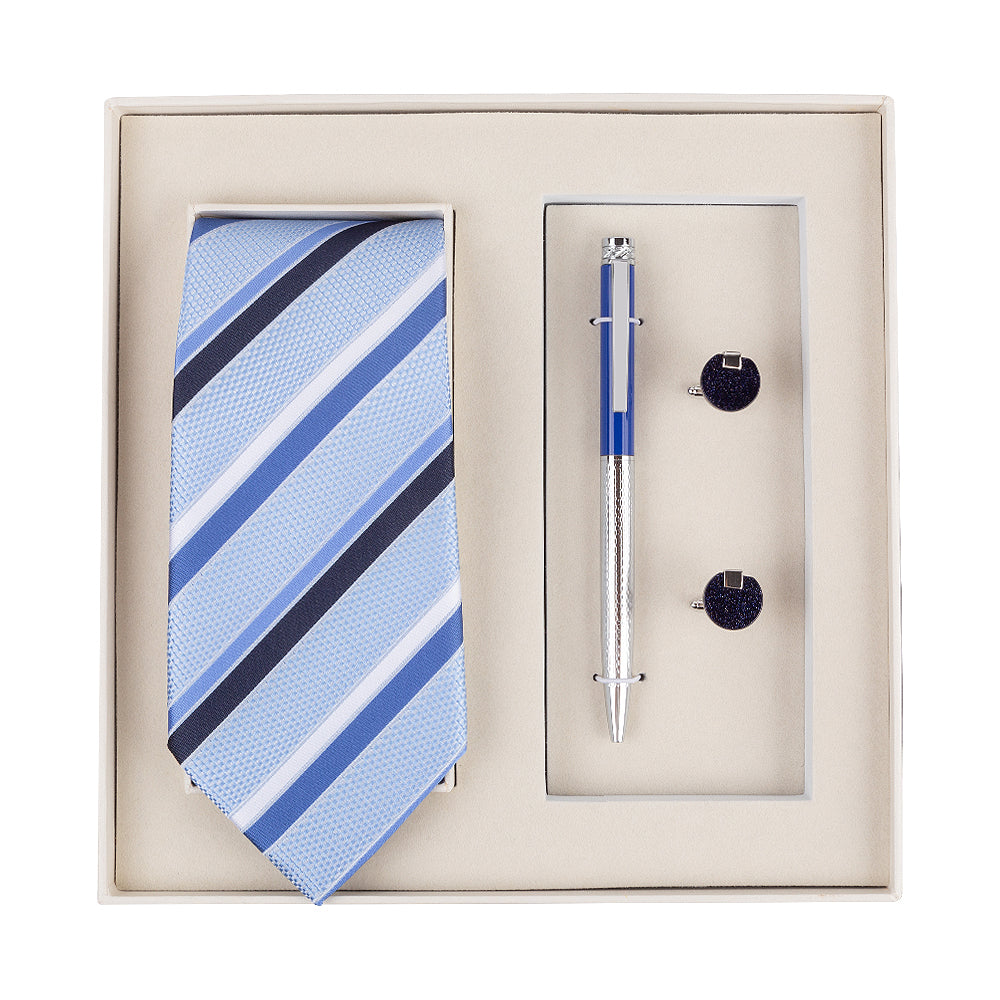 YOGLORY Exquisite Blue White Necktie Cufflinks Metal Roller Ball Pen with Box Nice Gift for Men T115