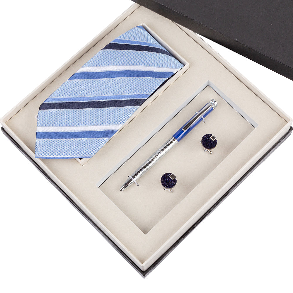 YOGLORY Exquisite Blue White Necktie Cufflinks Metal Roller Ball Pen with Box Nice Gift for Men T115