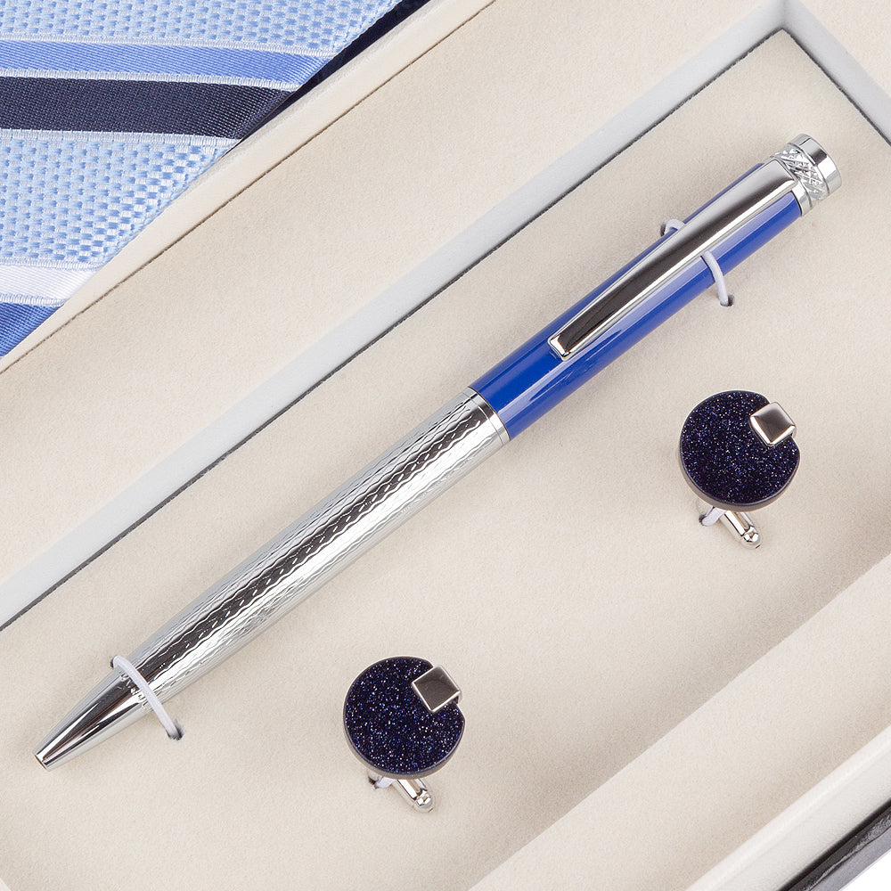 YOGLORY Exquisite Blue White Necktie Cufflinks Metal Roller Ball Pen with Box Nice Gift for Men T115