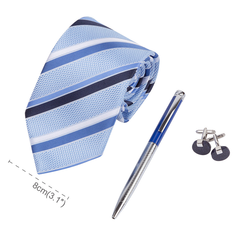 YOGLORY Exquisite Blue White Necktie Cufflinks Metal Roller Ball Pen with Box Nice Gift for Men T115