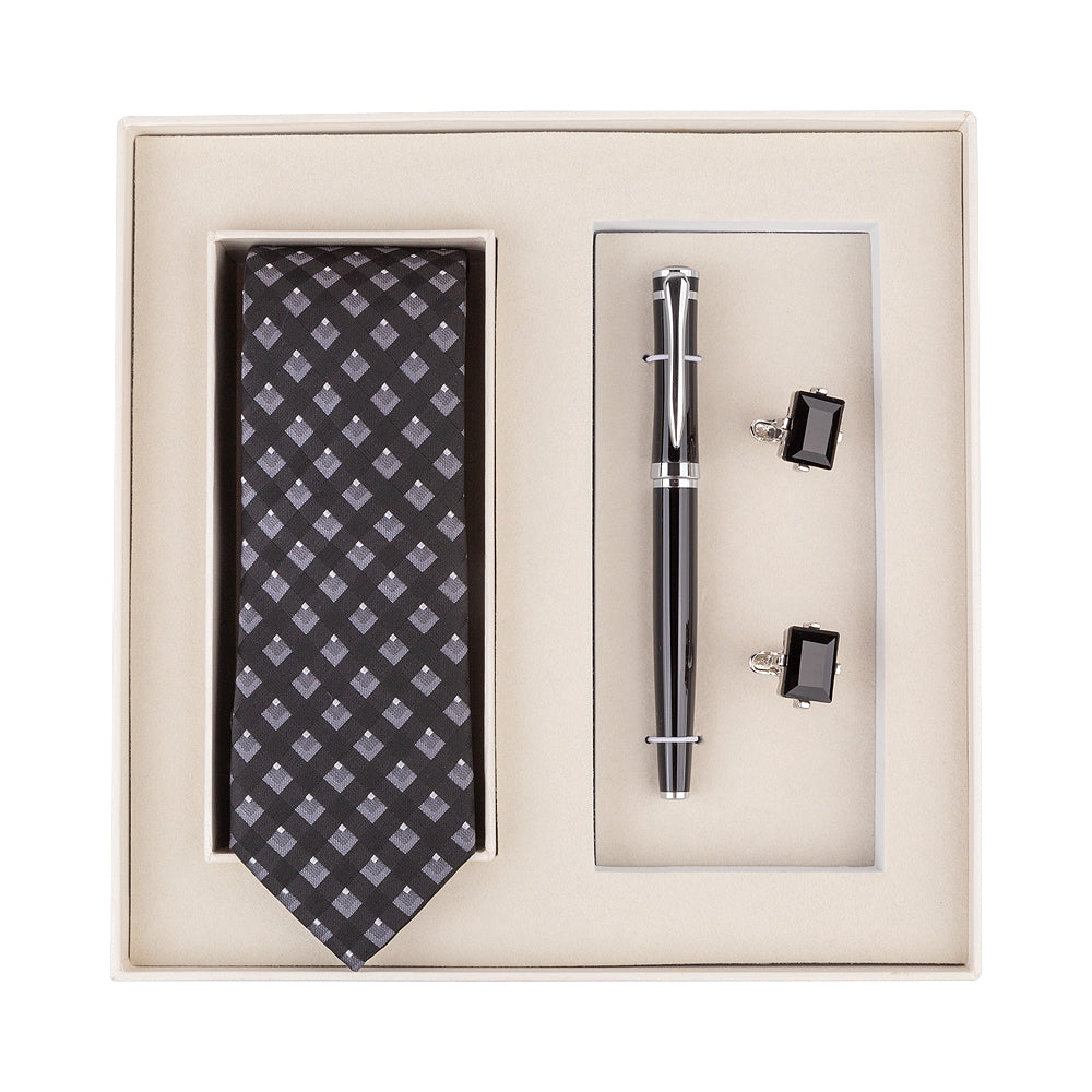 YOGLORY Exquisite Black Color Necktie Cufflinks Metal Roller Ball Pen with Box Nice Gift for Men T201