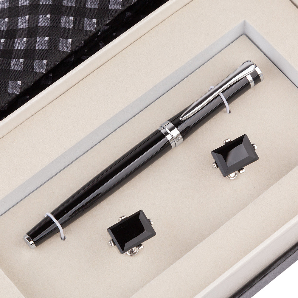 YOGLORY Exquisite Black Color Necktie Cufflinks Metal Roller Ball Pen with Box Nice Gift for Men T201