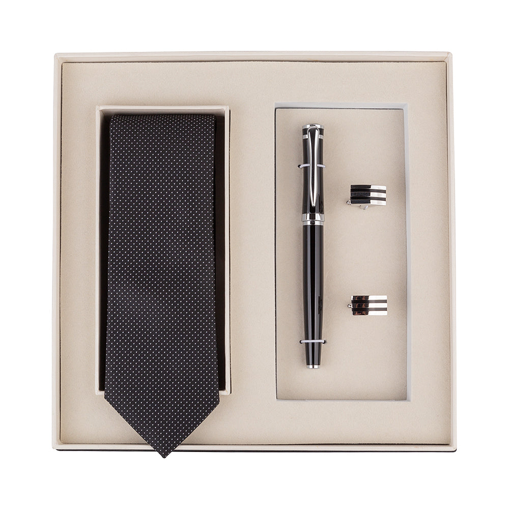 YOGLORY Exquisite Black Color Necktie Cufflinks Metal Roller Ball Pen with Box Nice Gift for Men T202