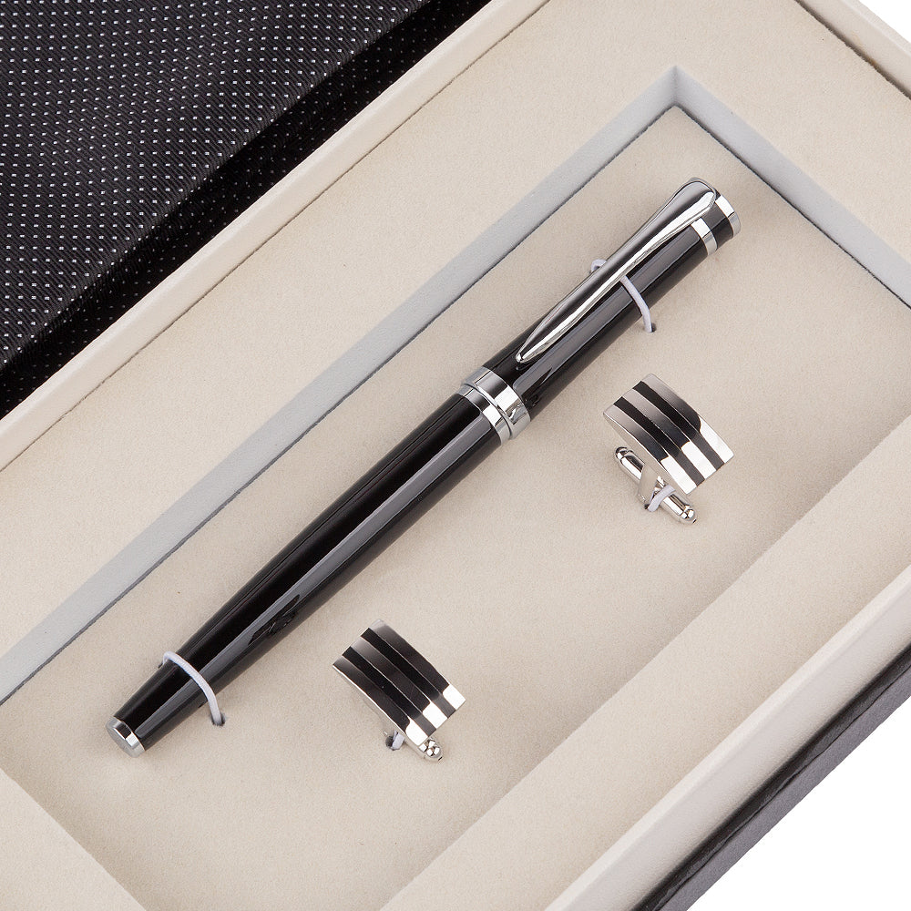 YOGLORY Exquisite Black Color Necktie Cufflinks Metal Roller Ball Pen with Box Nice Gift for Men T202