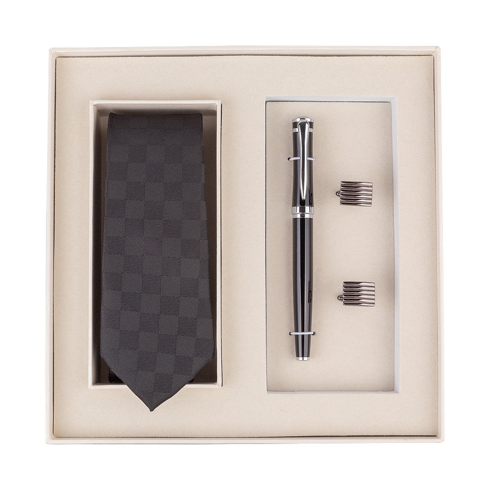 YOGLORY Exquisite Black Color Necktie Cufflinks Metal Roller Ball Pen with Box Nice Gift for Men T203