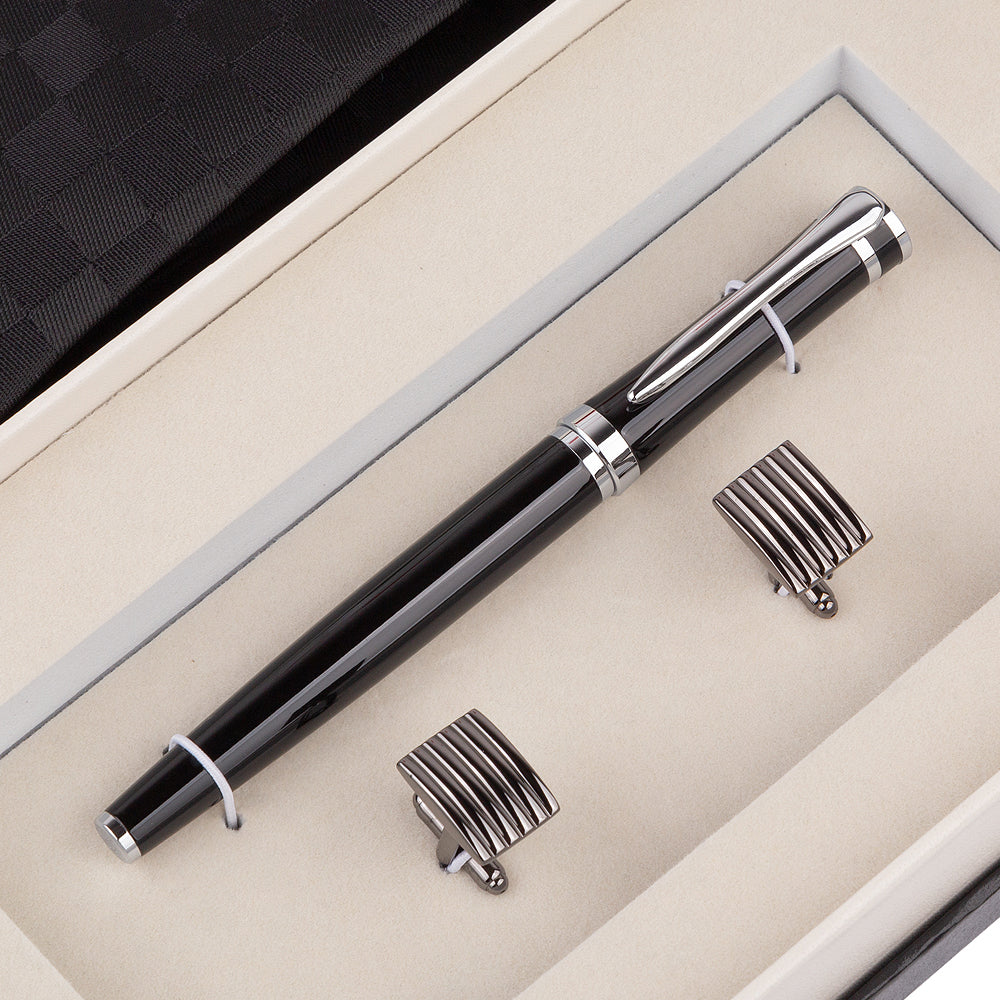 YOGLORY Exquisite Black Color Necktie Cufflinks Metal Roller Ball Pen with Box Nice Gift for Men T203