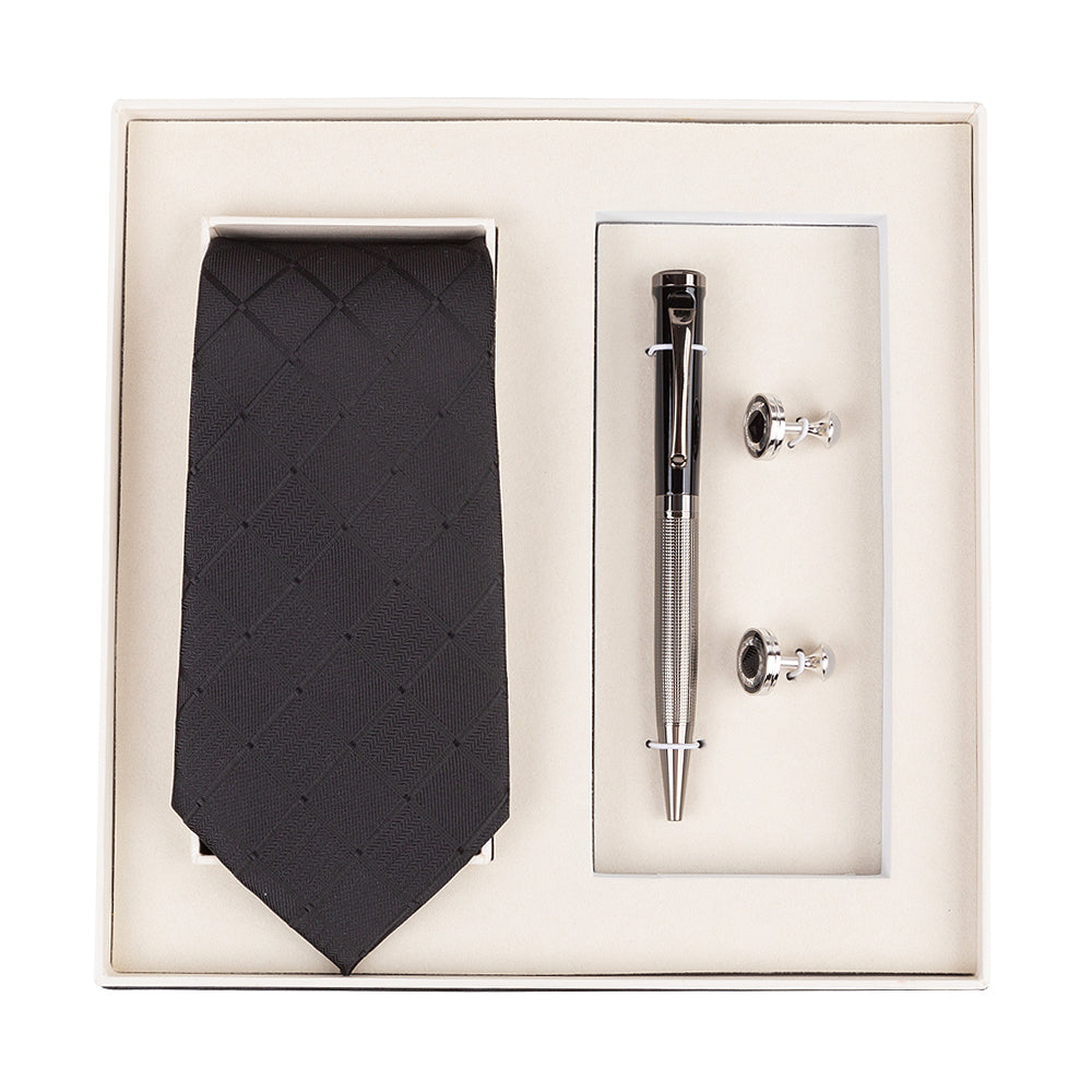 YOGLORY Exquisite Black Lattice Pattern Necktie Cufflinks Metal Roller Ball Pen with Box Nice Gift for Men T205