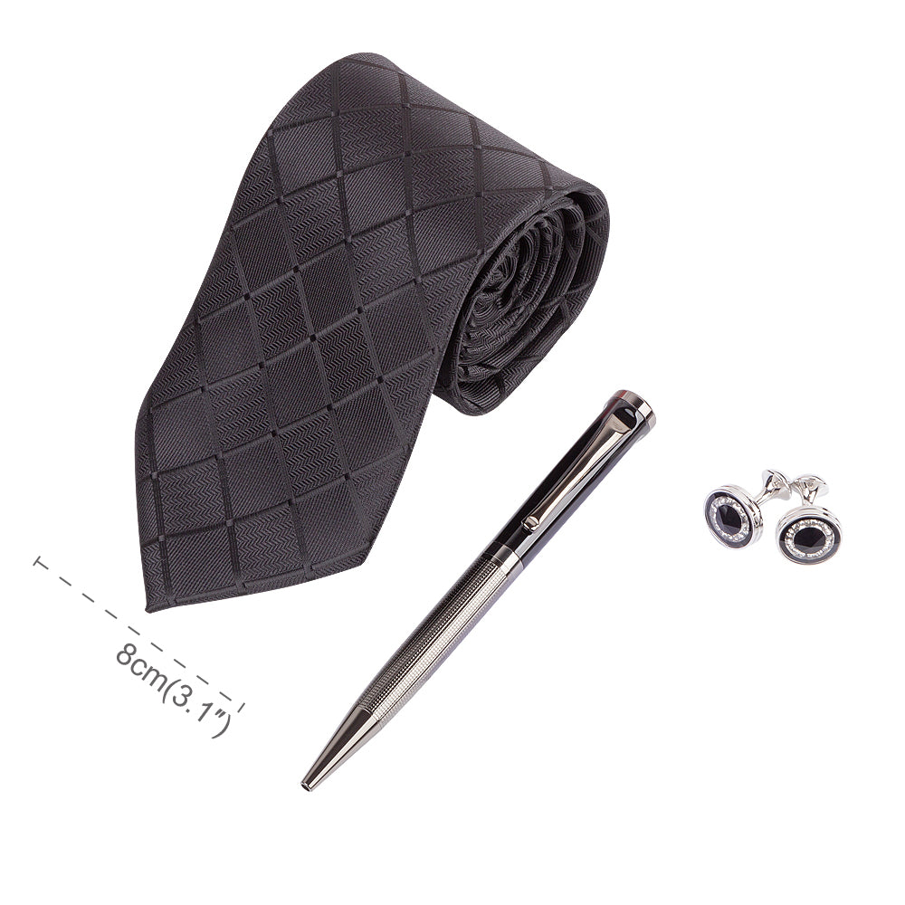 YOGLORY Exquisite Black Lattice Pattern Necktie Cufflinks Metal Roller Ball Pen with Box Nice Gift for Men T205