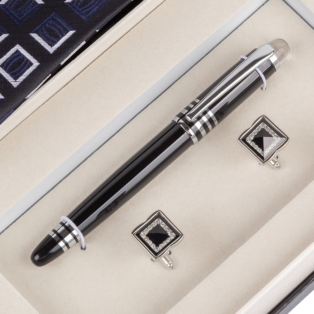 YOGLORY Exquisite Black Color Necktie Cufflinks Metal Roller Ball Pen with Box Nice Gift for Men T207