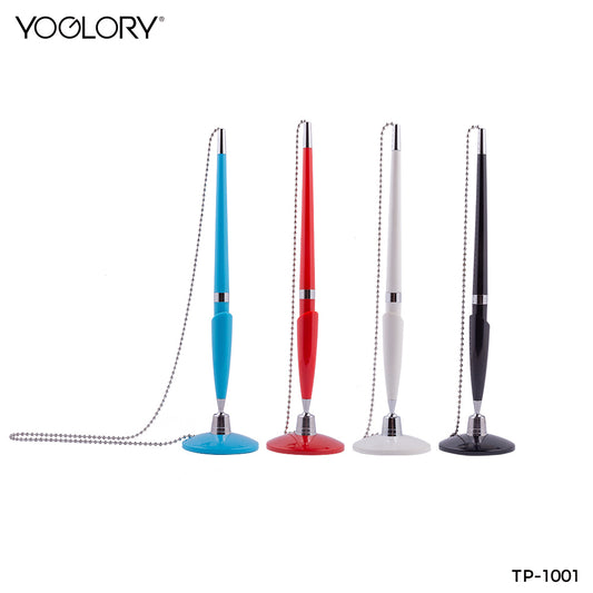 YOGLORY Pratical Metal Base Plastic Table Pen with Metal Chain in colors For Bank School Hotel Hospital Reception with Custom logo TP1001