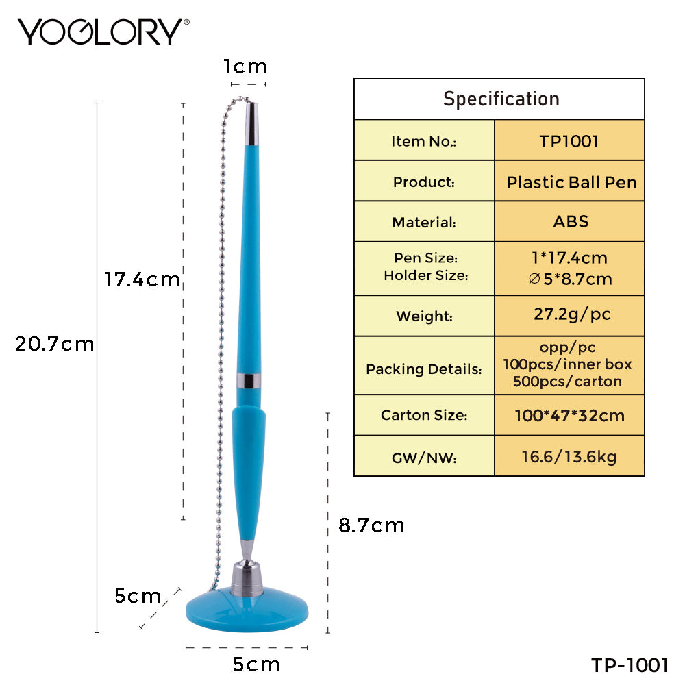 YOGLORY Pratical Metal Base Plastic Table Pen with Metal Chain in colors For Bank School Hotel Hospital Reception with Custom logo TP1001
