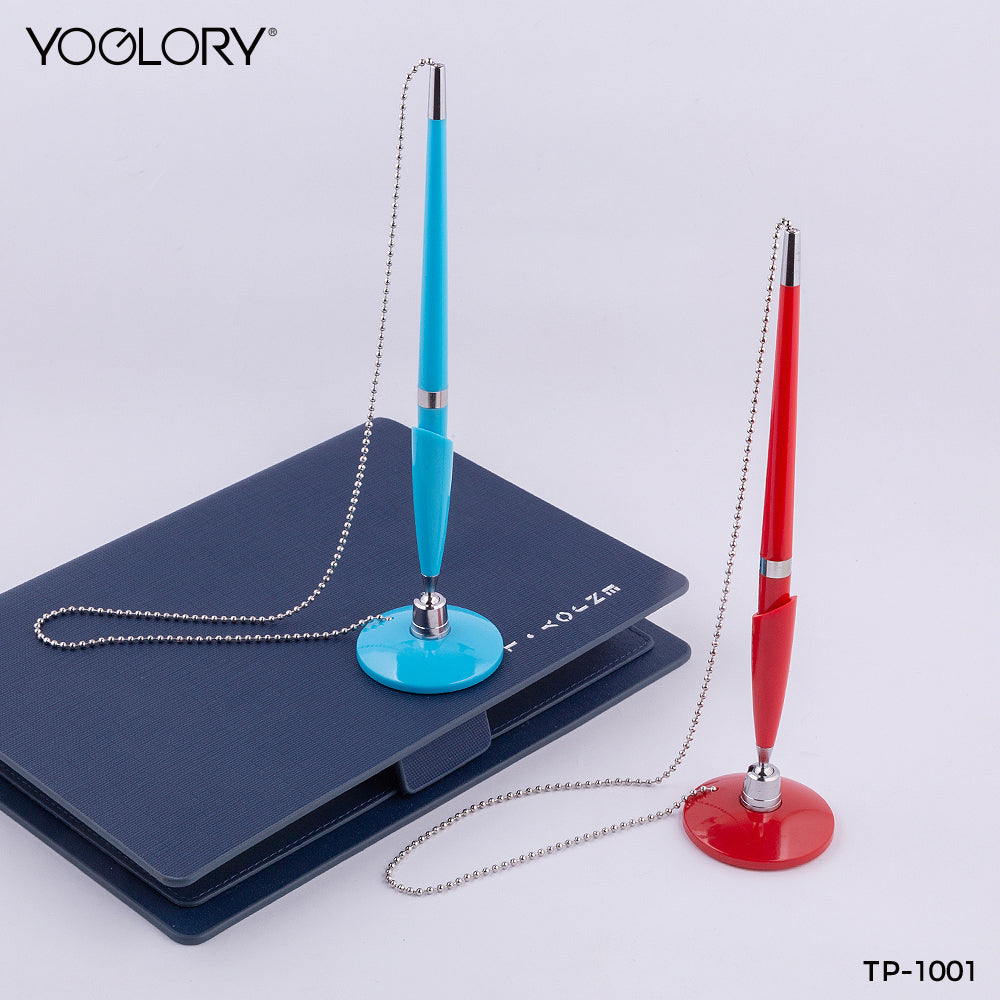 YOGLORY Pratical Metal Base Plastic Table Pen with Metal Chain in colors For Bank School Hotel Hospital Reception with Custom logo TP1001